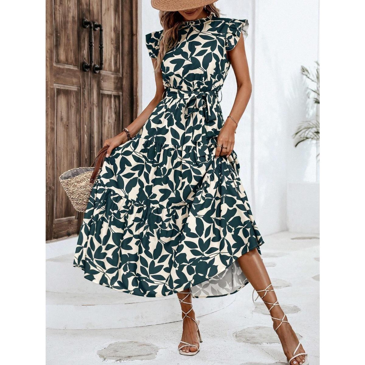 Women s Stand Collar Sleeveless Midi Dress High Waist Leaf Print Tie Waist Ruffle Hem Summer Dress S
