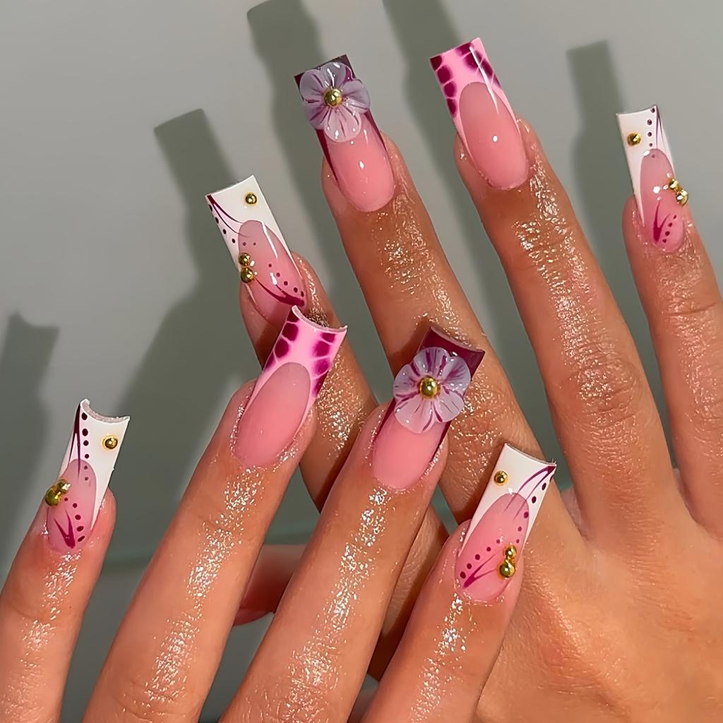 24Pcs Long Square Press On Nails Leopard Print French 3D Cherry Design False Nail Rhinestone Wearable Full Cover Fake Nails Tips