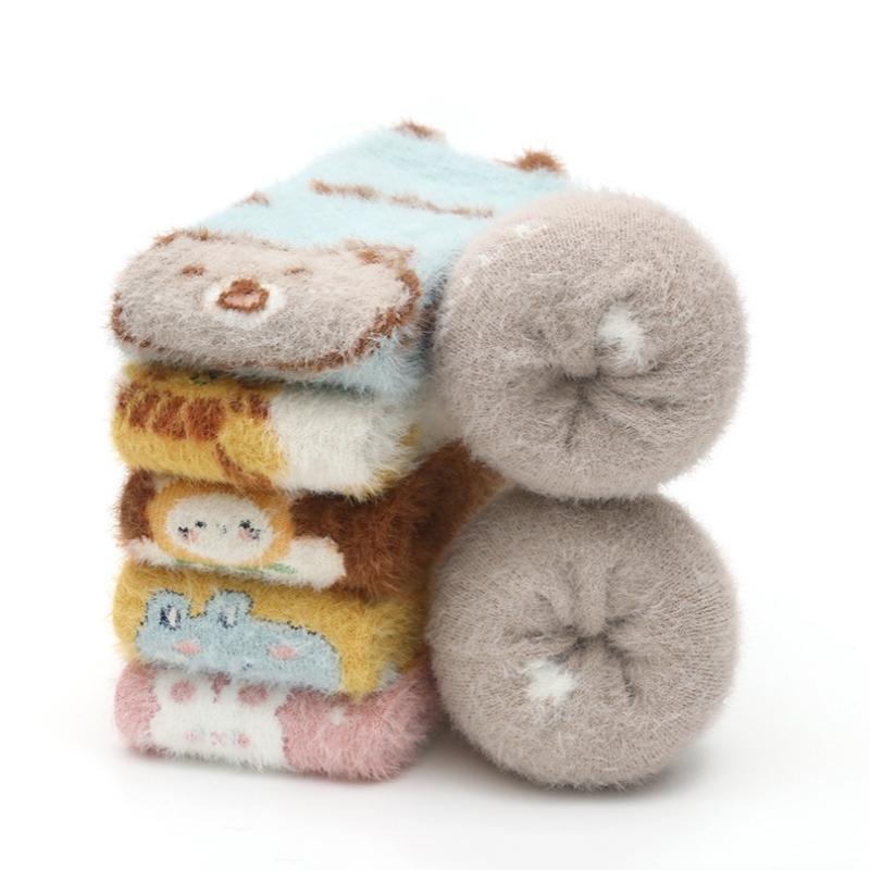 Autumn Winter Sweet Stockings Bowknot Imitation Mink Socks Winter Plush Warm Home Sleeping Socks Cartoon Cute Furry Tube Socks
