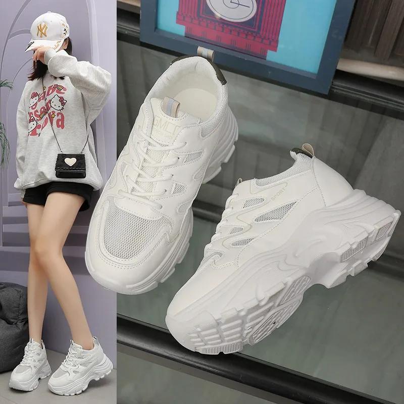 Fashion Hot Selling 2025 Casual Women Thick-soled Sneakers Fashion Spring Autumn  PU Lace-up Vulcanized Shoes Mesh Rubber Non-slip New