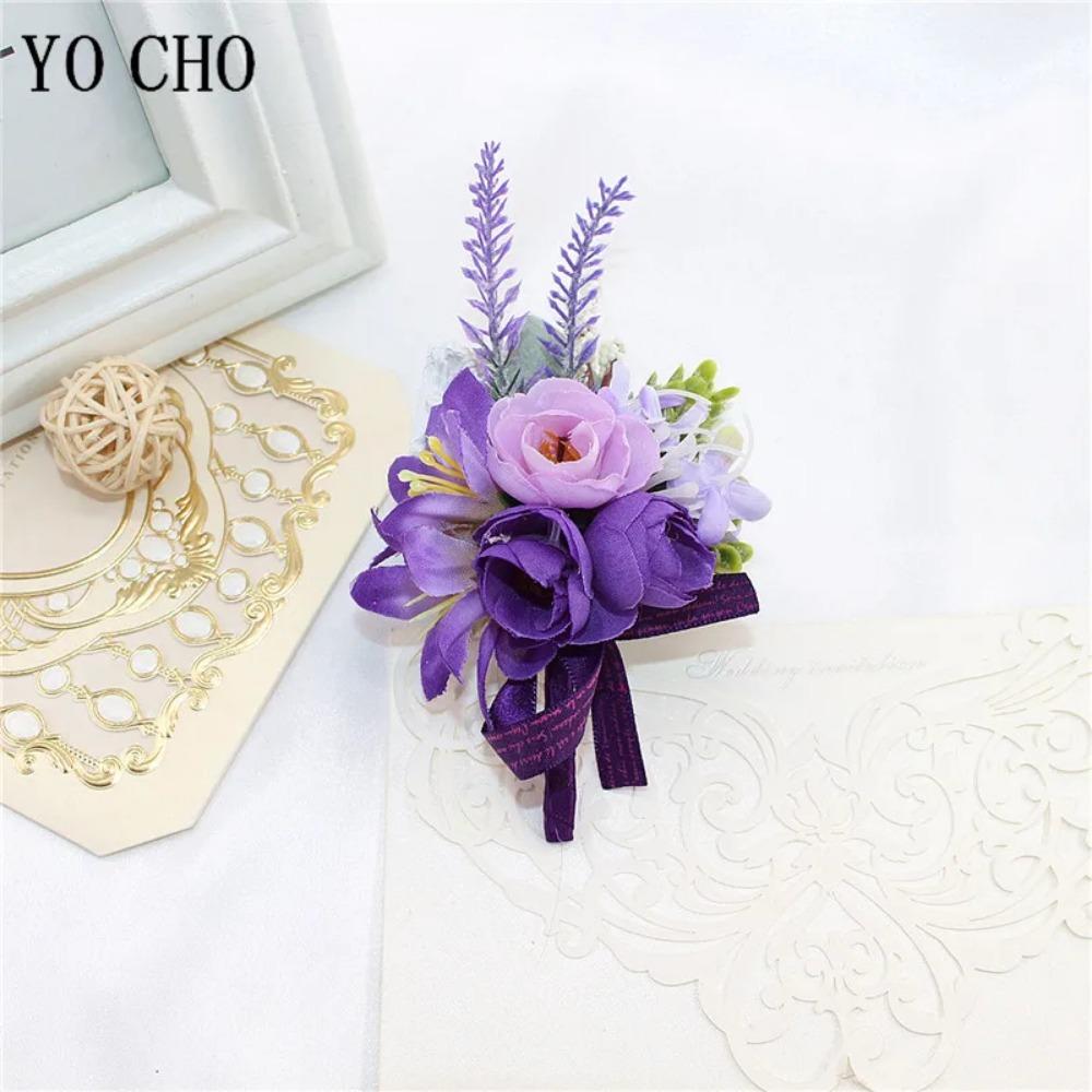 YO CHO Wedding Corsages Flower Groom Boutonniere Purple Silk Rose Man Brooches Wedding Bridesmaids Bracelet Wrist Corsage Flower