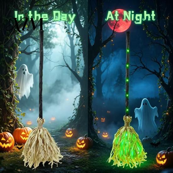 Stage Performance Equipment Halloween Witch Broom with Green LED Light, Glowing Cosplay Wizard Fluffy Straw Broomstick Broomstick, Costume Prop