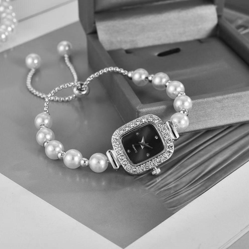 Ceas de Dama Fashion cu Curea de Perle, Diamante, Cadran Pătrat, Brățară cu Ajustare Liberă, Cadou pentru Femei, Ceas Quartz