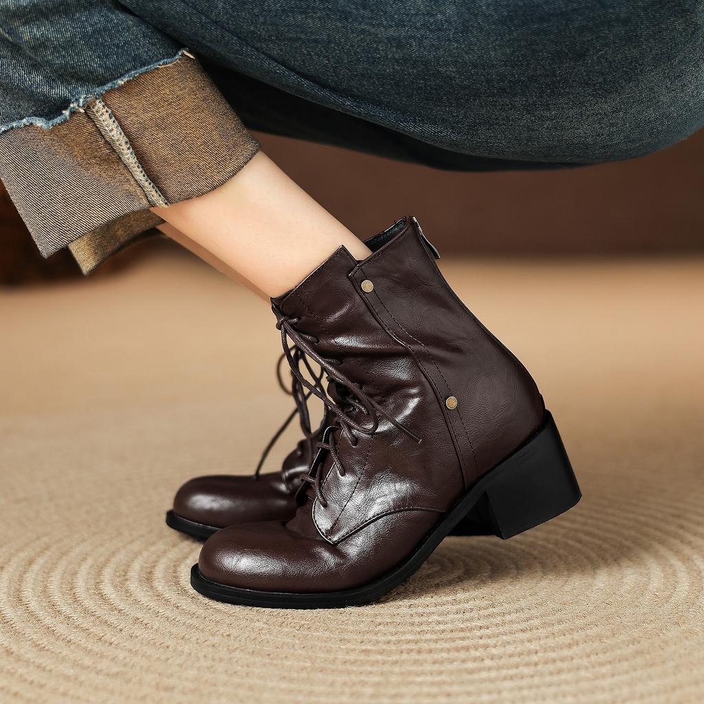 33-43 Plus Boots Round Head Coarse Heel Short Boots Women's Autumn and Winter British Lace-Up Martin Boots Medium Heel Women's Boots