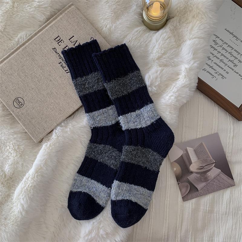 Women's Autumn and Winter Thickened Warm Contrast Color Striped Wool Long Stack Socks