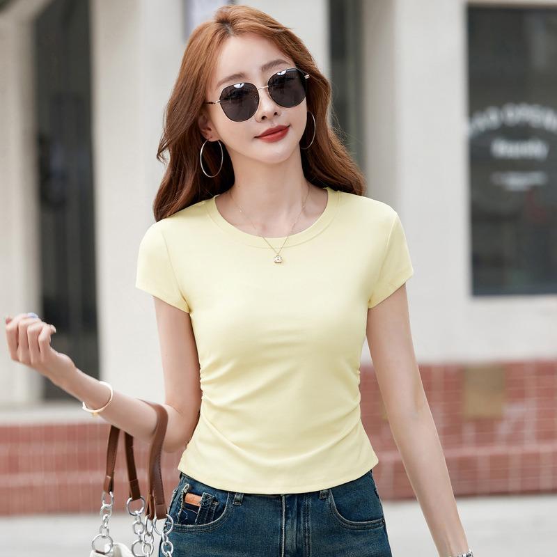 Dámské bavlněné tričko s pozitivním ramenem se závitem, spodní tričko, jaro a léto, slim, tenké, přiléhavé, s krátkým rukávem