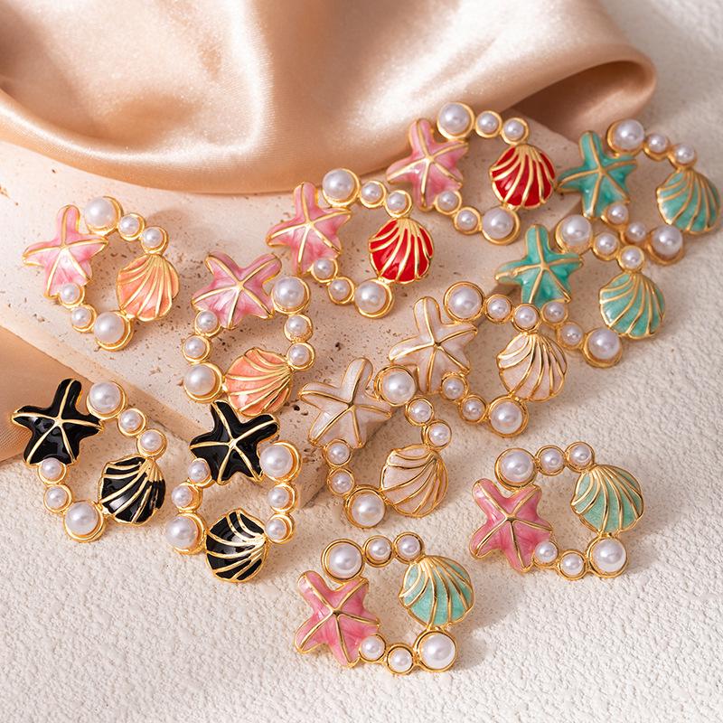 Colorful Drip Oil Starfish Mother-of-Pearl Pearl Stainless Steel Stud Earrings - Women's Non-Fading Light Luxury
