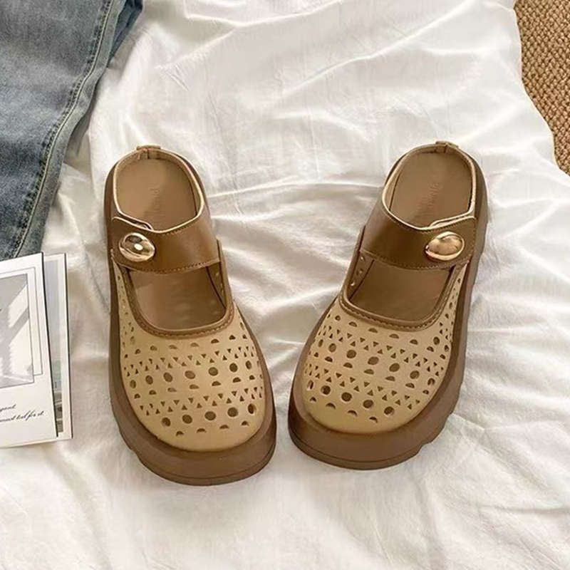 

Thick-soled hollow-out cool slippers for women s summer wear 2025 new fashionable and breathable Mary Jane going out bag head half slippers 40 абрикосовый