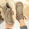 Leather Booties Round Toe Lace-Up Side Zipper Soft Sole Anti-Slip Wear-Resistant Flats for Women