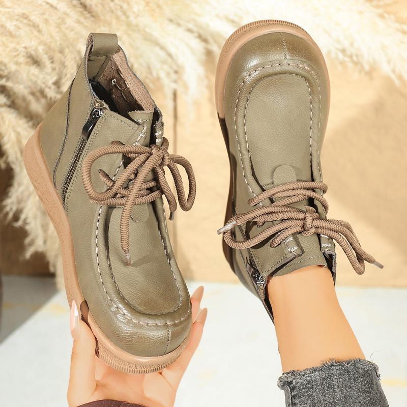 Leather Booties Round Toe Lace-Up Side Zipper Soft Sole Anti-Slip Wear-Resistant Flats for Women