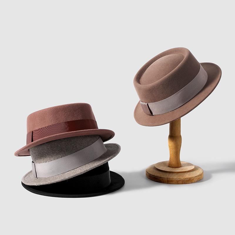 Meier Huaqiao, French autumn and winter concave top flat edge woolen top hat, women's small edge British casual hat