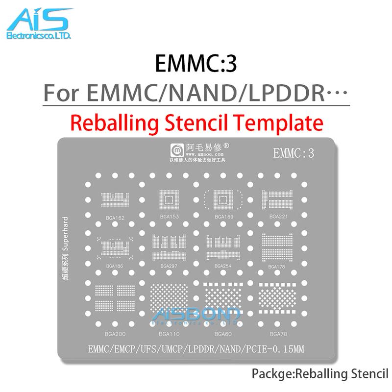 AMAOE EMMC3 BGA Трафарет для реболлинга для Android Nand Flash EMMC EMCP UFS LPDDR PCIE 153 162 169 200 221 254 60 70 186 200 Оловянная сетка