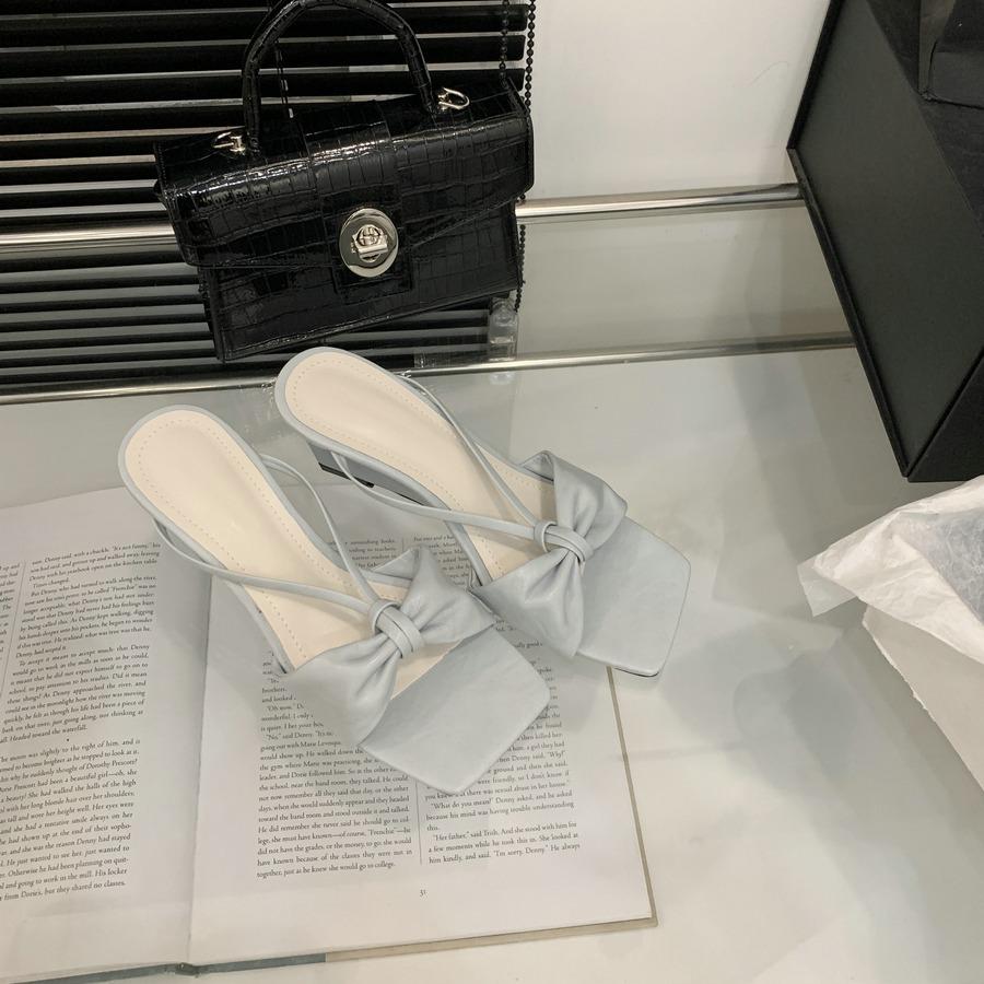 Slippers French Style Bow High HeelOne-StrapWomen'sSummer Outdoor Wear Square Toe Wedge HeelSandals