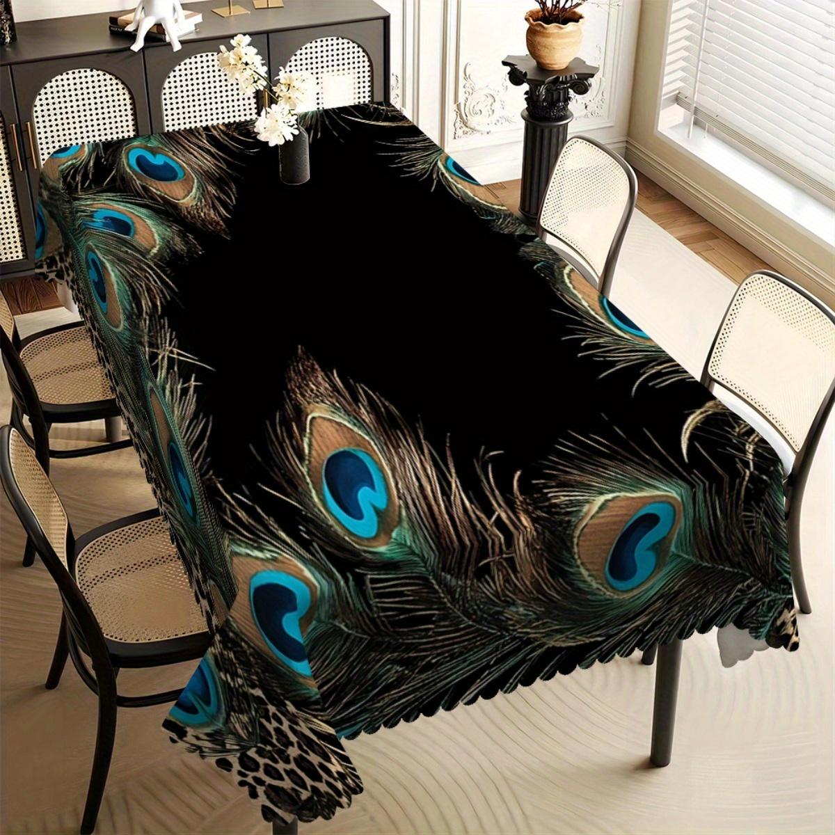 Elegante Zwarte Tafelkleed met Pauwenveer Print, Golvende Rand, Vlekbestendig voor Eetkamer & Luxe Woondecoratie 140x140cm