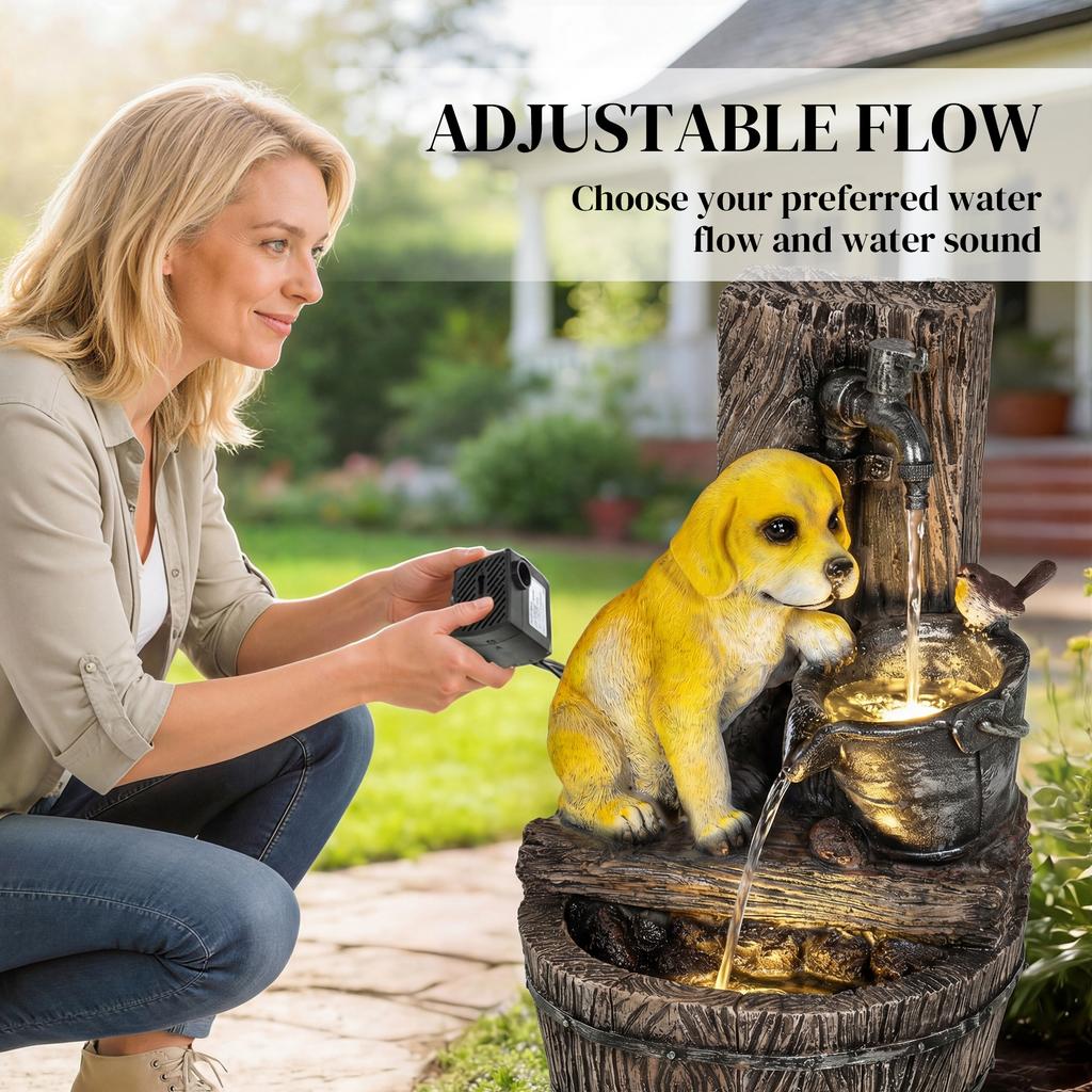 Garden Water Feature with 3-Tier Rustic Puppy Design, Freestanding Resin with LED Lights, Adjustable Flow, Rustic Brown