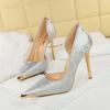 Style Women's Shoes 11cm High Heels Thin Heel Shallow Mouth Side Hollow Satin Metal Pointed Single Shoes DS-8626-1