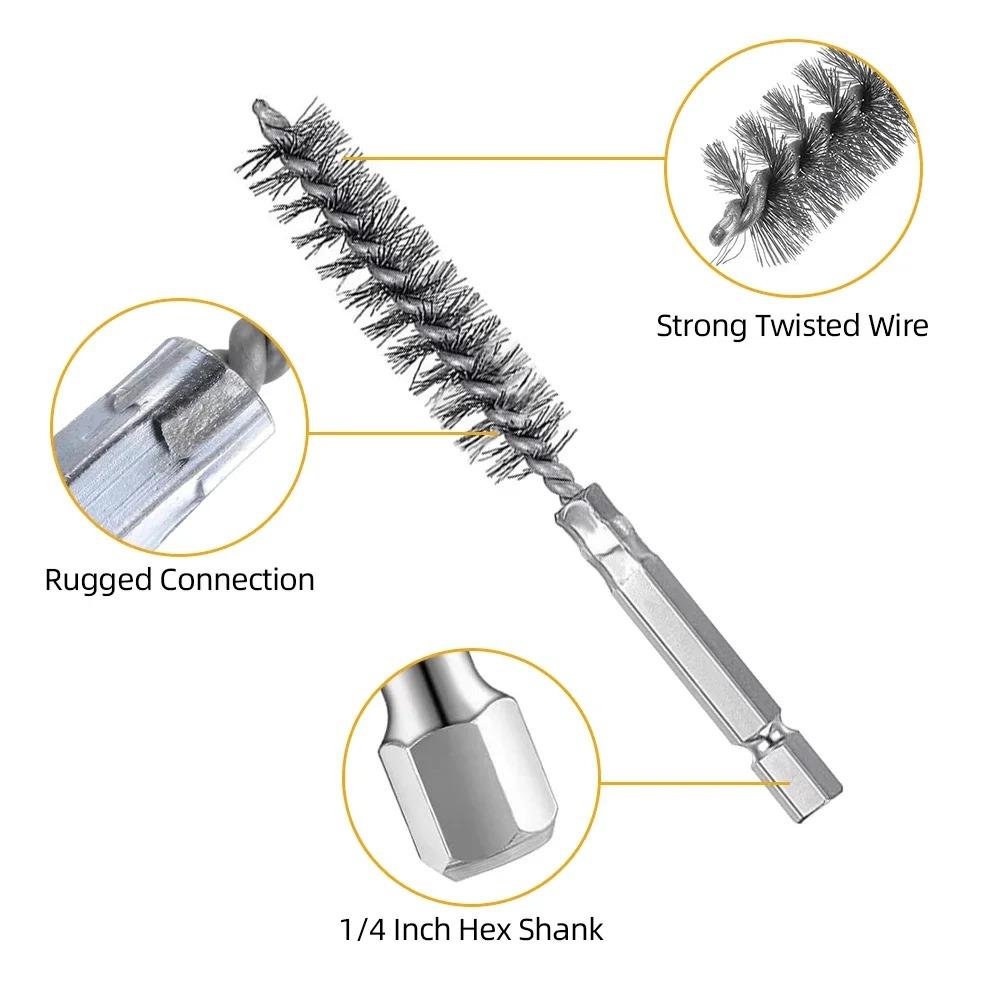 6Pcs Stainless Steel Wire Brush Set Hex Handle Drilling Cleaning Tools for Grinding, Polishing & Rust Removal