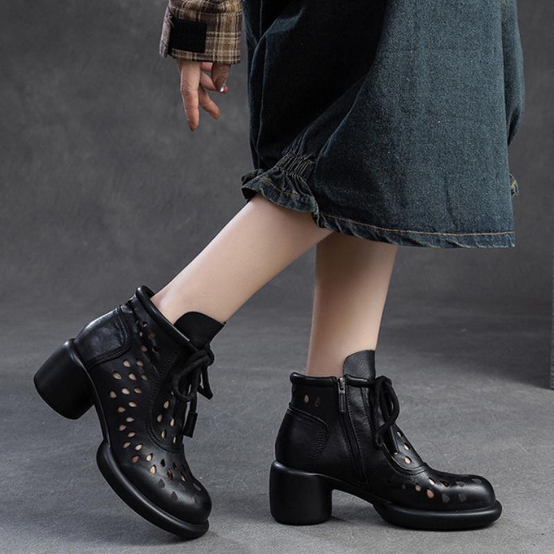 Johnature Retro Breathable Hollow-out Boots Sandals Genuine Leather Fashion High Heels Women's Shoes