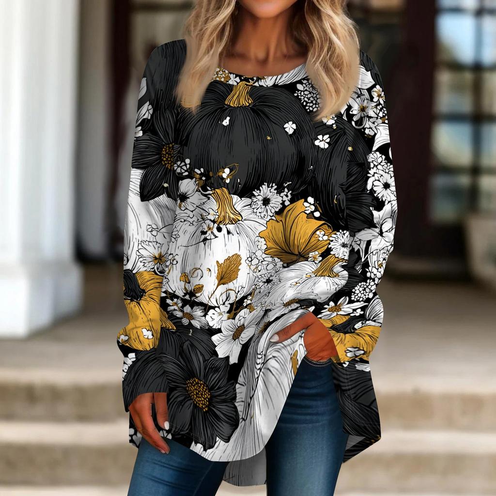 Women's Loose Fit Neck Halloween Print Long Sleeve Tunic Top