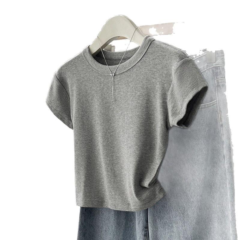 American Summer T-shirt Women's Shoulder Short Sleeves Summer Thin Round Neck Short Cotton Slim Fit Sweet and Spicy Tight Top