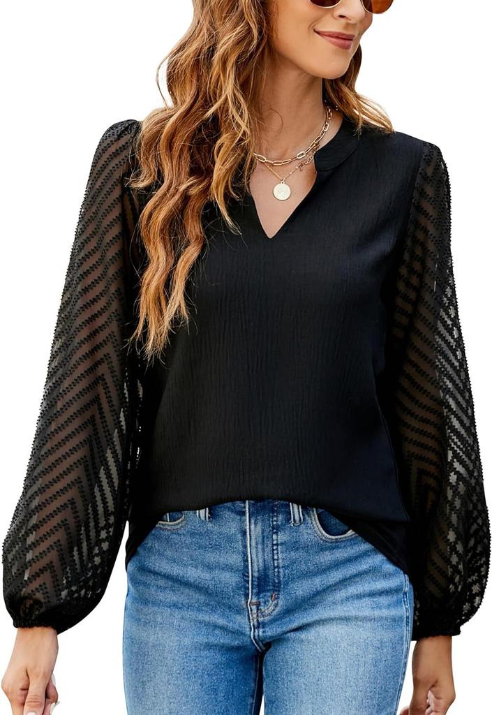 Ladies Fashion Lace Long Sleeve V-neck Round Neck Lace Button Shirt Shirt