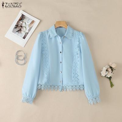 Women Casual Turn Down Collar Long Sleeve Lace Splice Blouse