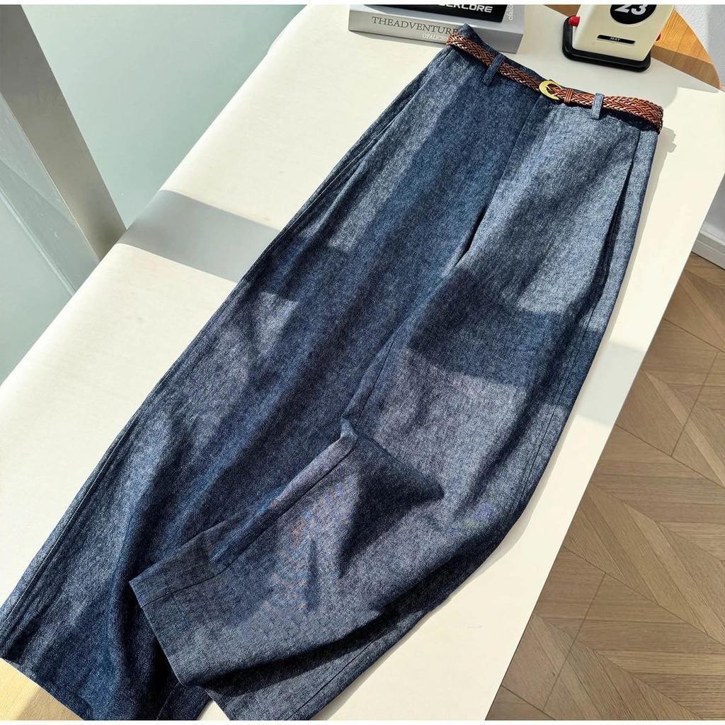 Women's High Waist Linen Cotton Wide Leg Pants Vintage Denim Washed Straight Long Trousers Old Money Style Thin Summer Floor Length Casual Pants