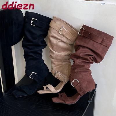 Fashion Female Open Toe Footwear Ladies Sandals Boots With Thin Heels Shoes Square Toe Fashion Flock Women Knee High Boots Shoes Pumps