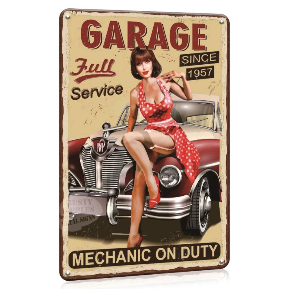 Blechschild Vintage Auto Service 12x8" - Retro Garagen Wanddeko mit Klassischem Auto Reparatur Design, Mechaniker Im Dienst Schild