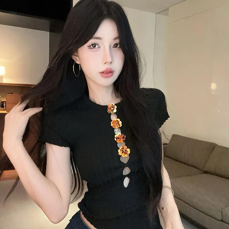 Women s Summer 3D Flower Knit Top Short Sleeve Hollow Out Tee OneSize чёрный