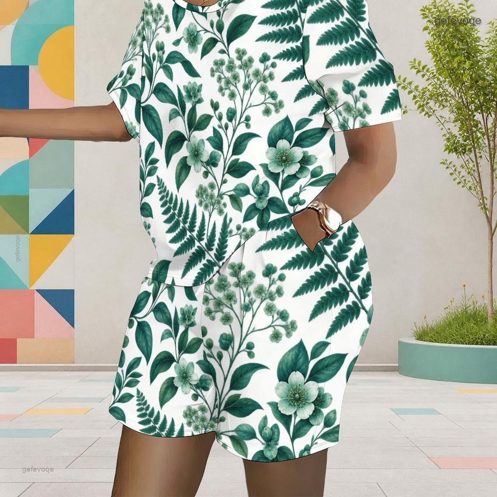 Women Plus Size Floral Leaf Printed Round Neck Short Sleeve Top Pocket Shorts Two Piece Set