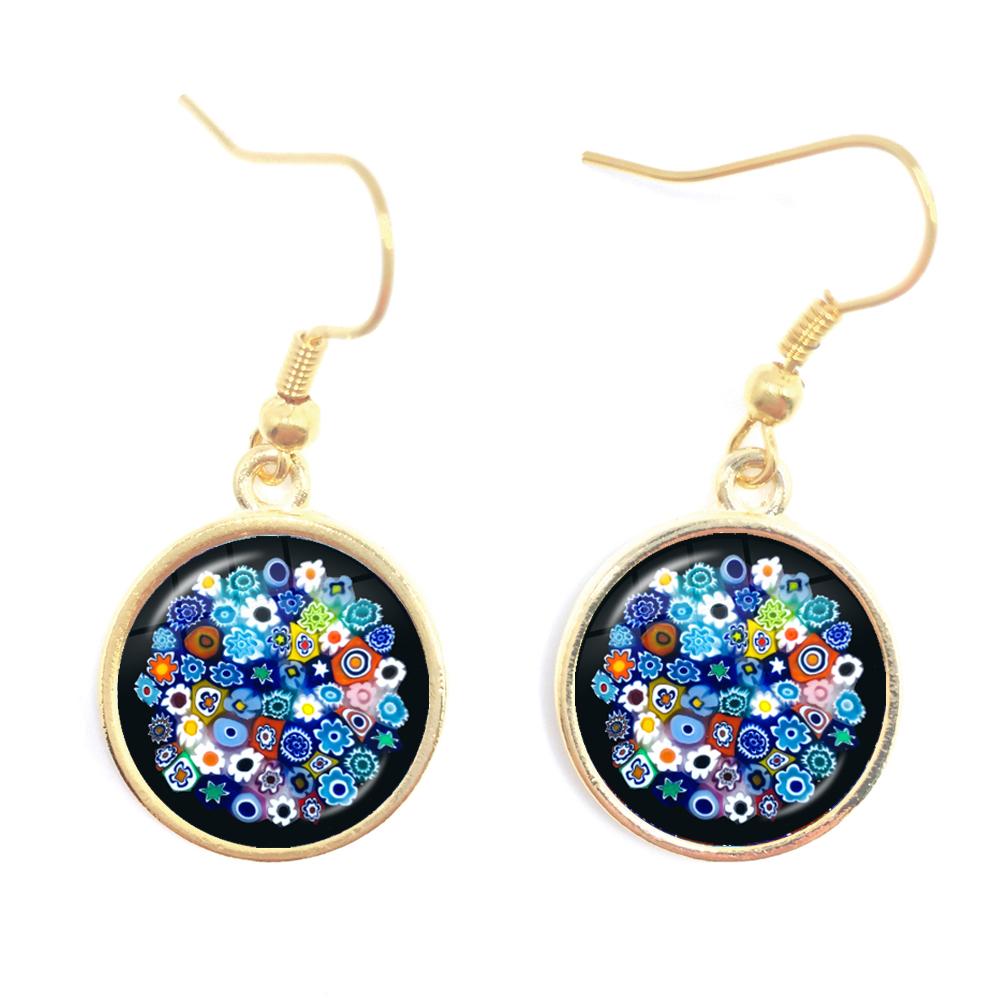 Murano Millefiori Drop Earrings MultiColour Flower 16mm Glass Cabochon Earring Jewelry For Women Girls Gift