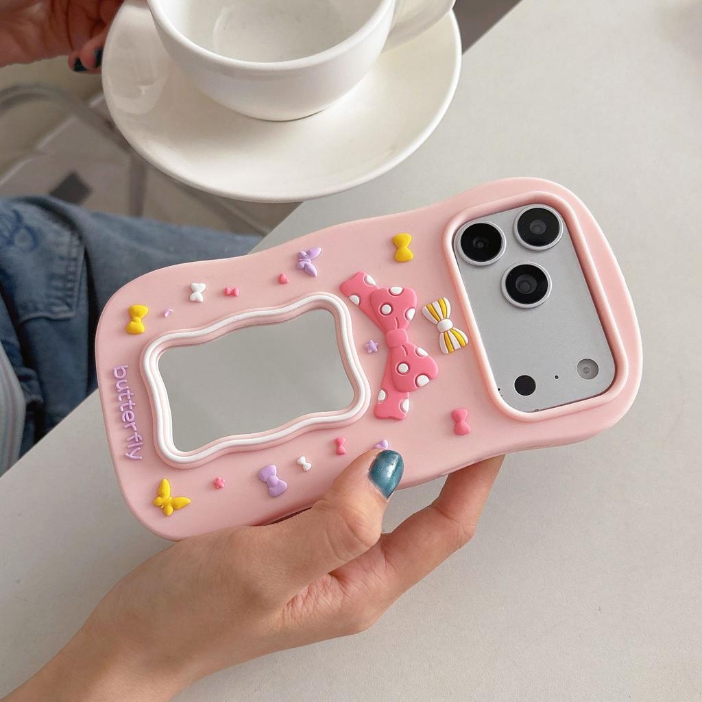 Cute 3D Butterfly Bow Case for iPhone 17 Pro Max 12 13 14 15 16 Plus 16E Soft Silicone Makeup Mirror Cover