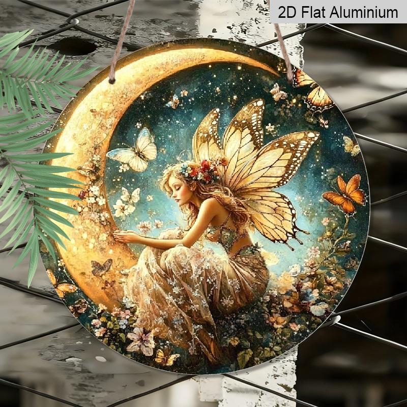 2D Flat, 1pc Enchanted Fairy On Crescent Moon Aluminum Wall Art - Whimsical Butterfly Amp; Floral Design, HD Printed Round Metal Sign for Home Decor