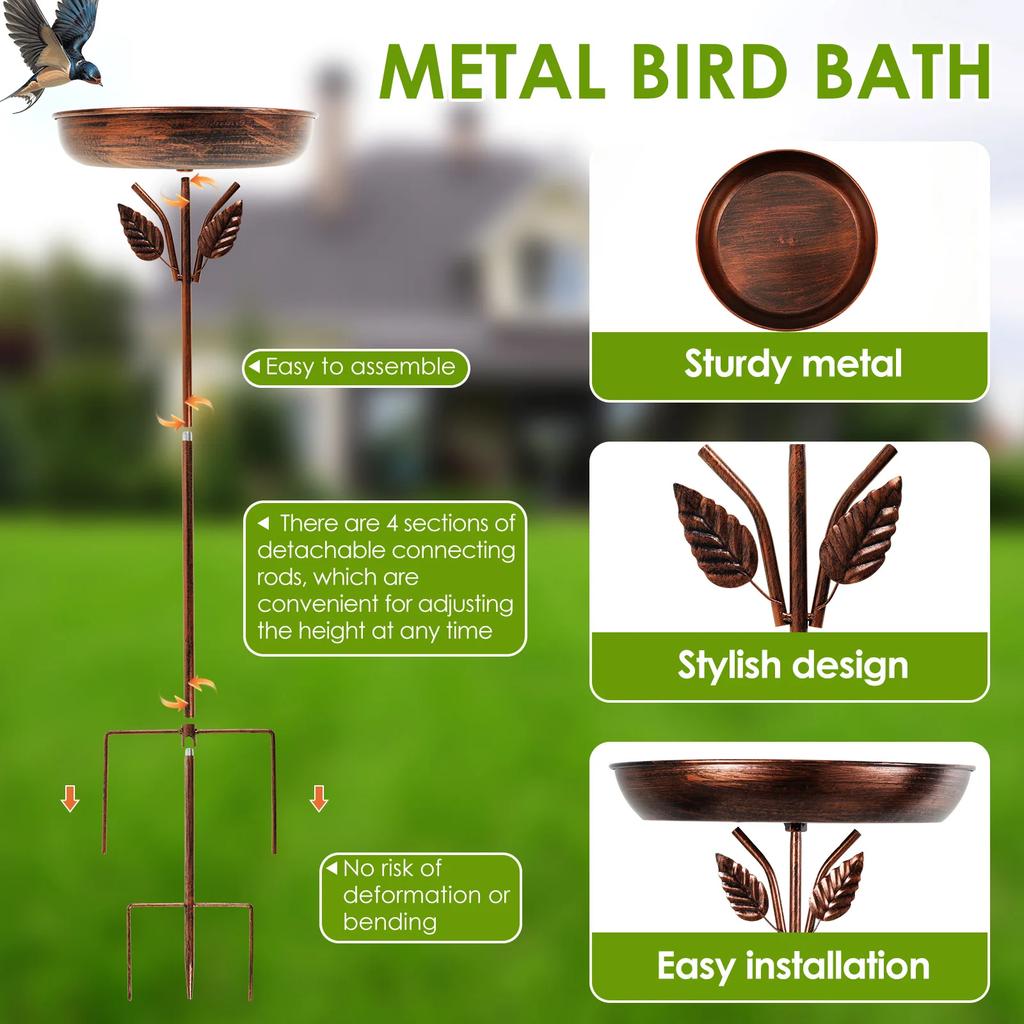 Bird Bath Feeder Bowl Metal Garden Birdbath with 5 Prong Stakes Outdoor Standing Bird Bath Bowls for Patio Outside Yard Decor