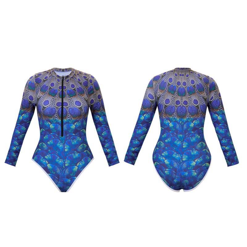 Women s Long-sleeved One-piece Sports Printed Swimsuit Diving Suit S