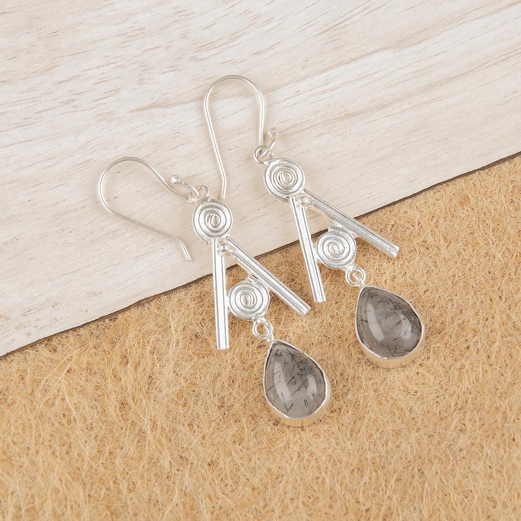 Black Rutile Handmade Silver Earrings, 925 Sterling Silver Boho Pendant, Beautiful Rutile Gemstone Earrings Gift For Love