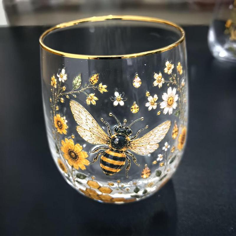 Vintage Painted Animal & Floral Gold Rim Glass Tumbler, Egg-shaped Lead-Free Glass Cup, Creative Gift Cup for Whiskey, Juice and Water