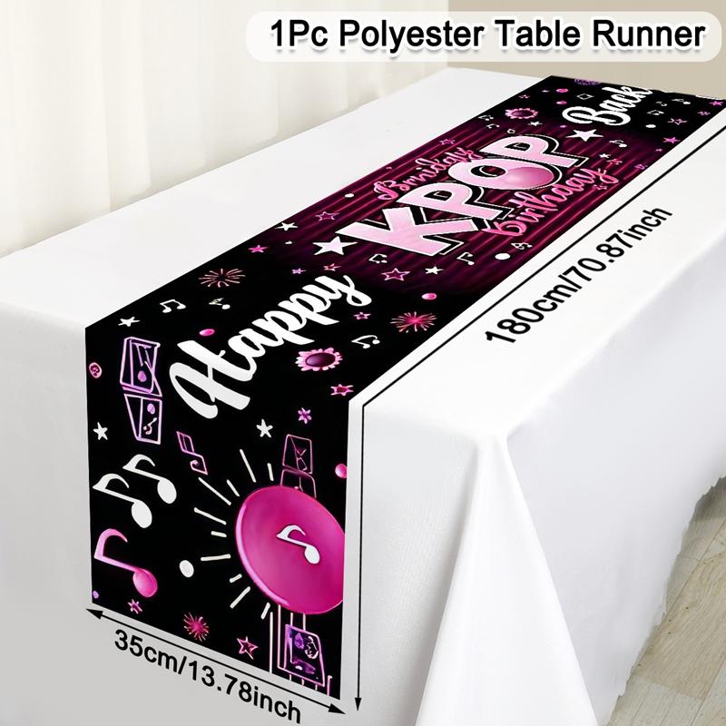 Kpop Happy Birthday Table Runner 180x35cm Polyester Neon Music Party Tablecloth for K-pop Fans Birthday Party Decorations 33x180cm