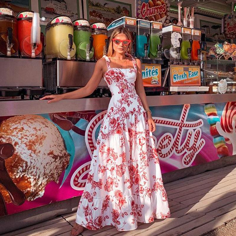 Summer Printed Sleeveless Maxi Dress With Cotton Blend Fabric For Beach Vacation