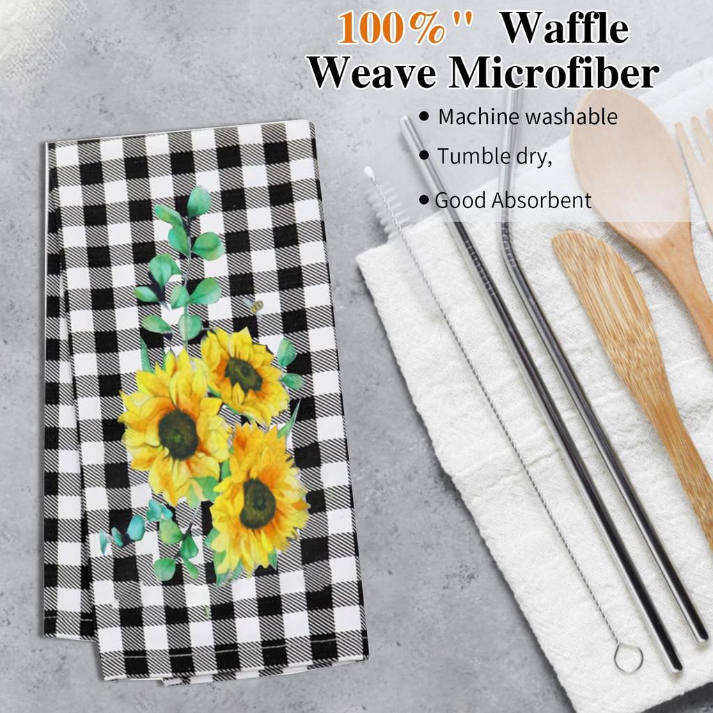 2 Pack Sunflowers Waffle Kitchen Towels Dish Towels, 15.7 Inch X 23.6 Inch, Super Absorbent & Lint Free Hand Towels for Home