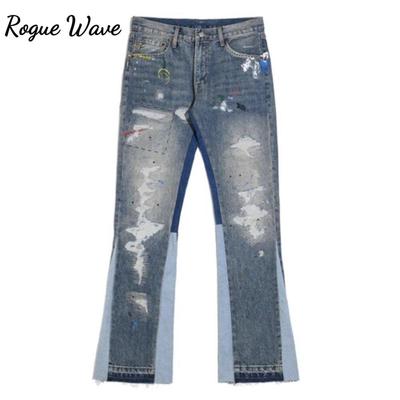 RogueWave Blue Washed Destroyed Flared Jean Pants Hip Hop Graffiti Ripped Denim Jeans Men Streetwear Vintage Wide Leg Jeans