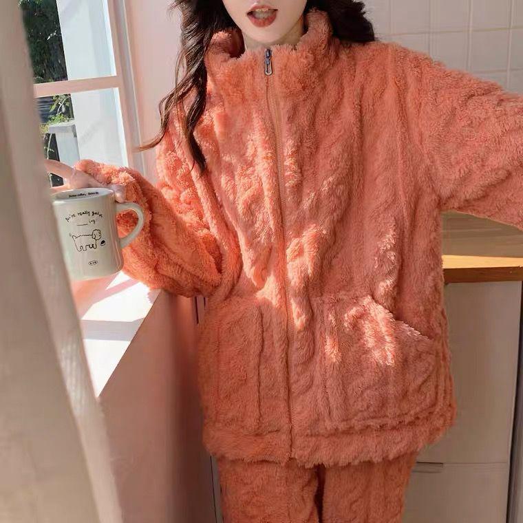 Women's 2024 Milk Yellow Coral Fleece Pajamas with Velvet Lining and Zipper for Fall/Winter Wear.