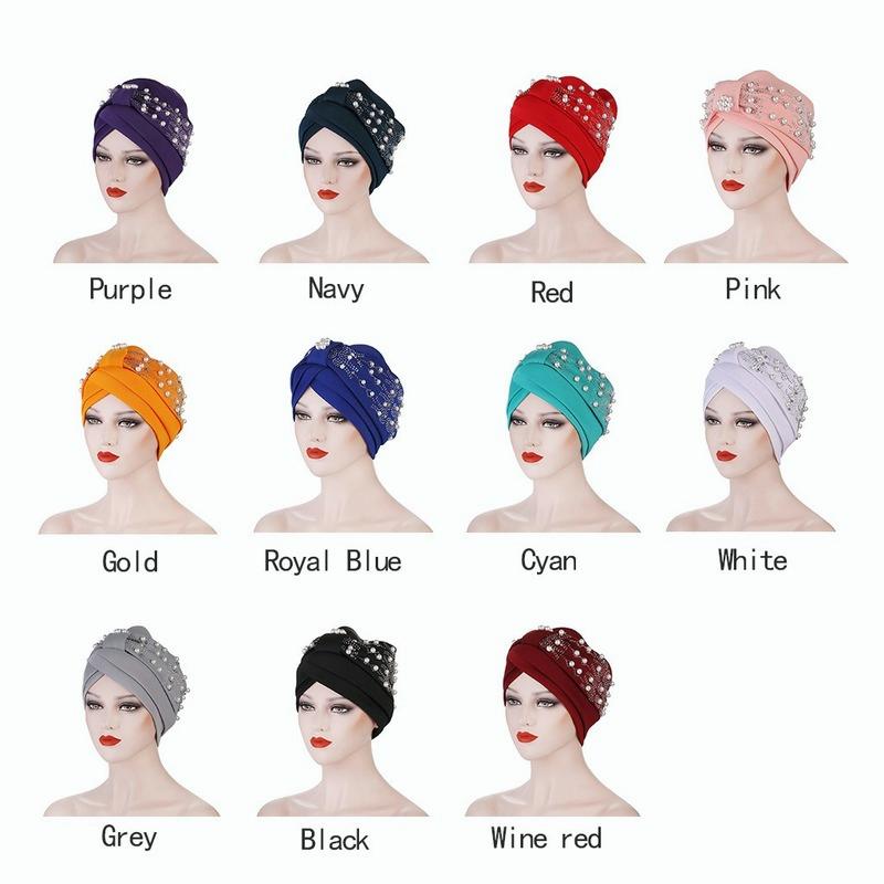Women's Solid Color Hot Drilling Pearl Turban Hat Cap Head Hat Accessories