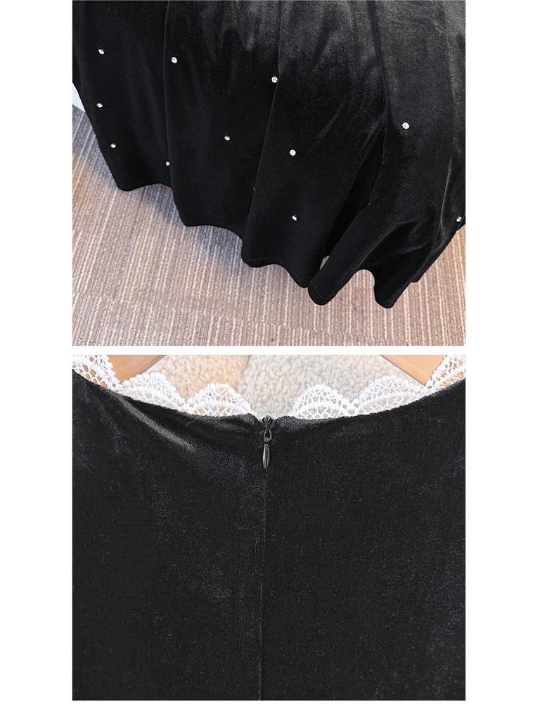 Plus Size Women's Black Gold Velvet Rhinestone A-line Slimming Dress 