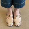 French Retro Splicing One-pedal Mary Jane Loafers Women's Low-heeled One-word Buckle Camellia Embroidered Casual Shoes
