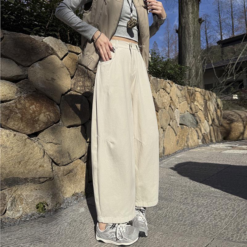 

Off-White Washed Cotton High-Waisted Wide-Leg Cropped Pants for Women - Petite, Loose, Drapey, Straight Balloon Style, Spring Collection Large грязно-белый