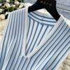 Summer Women Elegant V-neck Sleeveless Striped Knitted Sweater Party Dresses With Pearl Belt