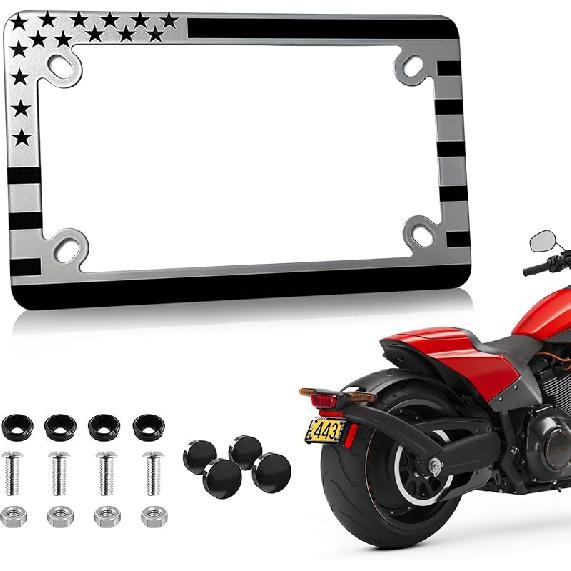 Motorcycle American Flag License Plate Frame - Stainless Steel Matte Stripe US Flag Gloss Patriotic License Plate Frame Covers For Motorcycle Black American Flag