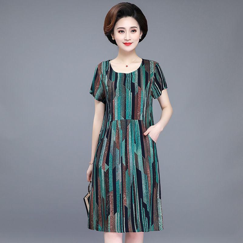 Women Summer XL-XXXXXL Plus Size Mid-length Printed Dress Short Sleeve A-line Knee-length Round Neck Pocket